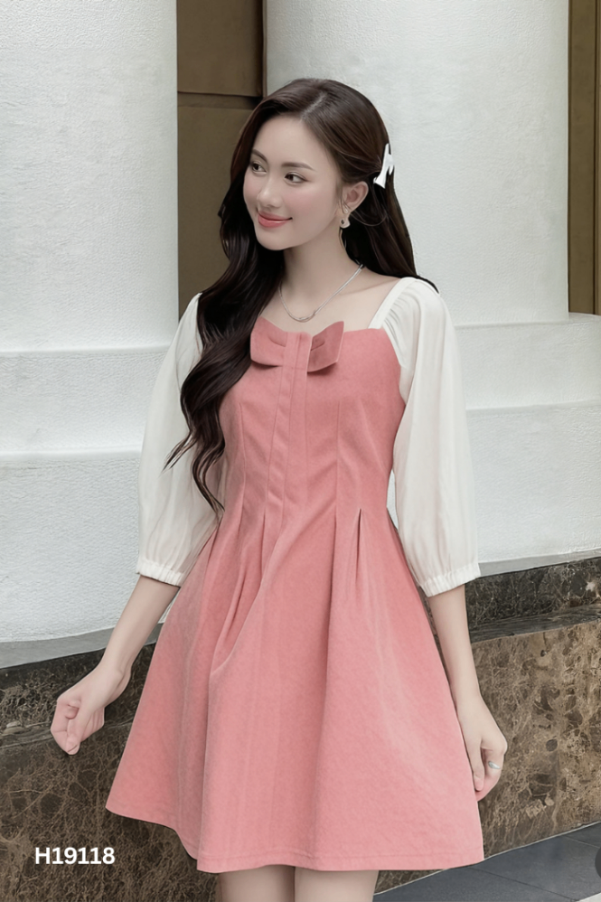 Váy MARY JANE hồng phối tay be