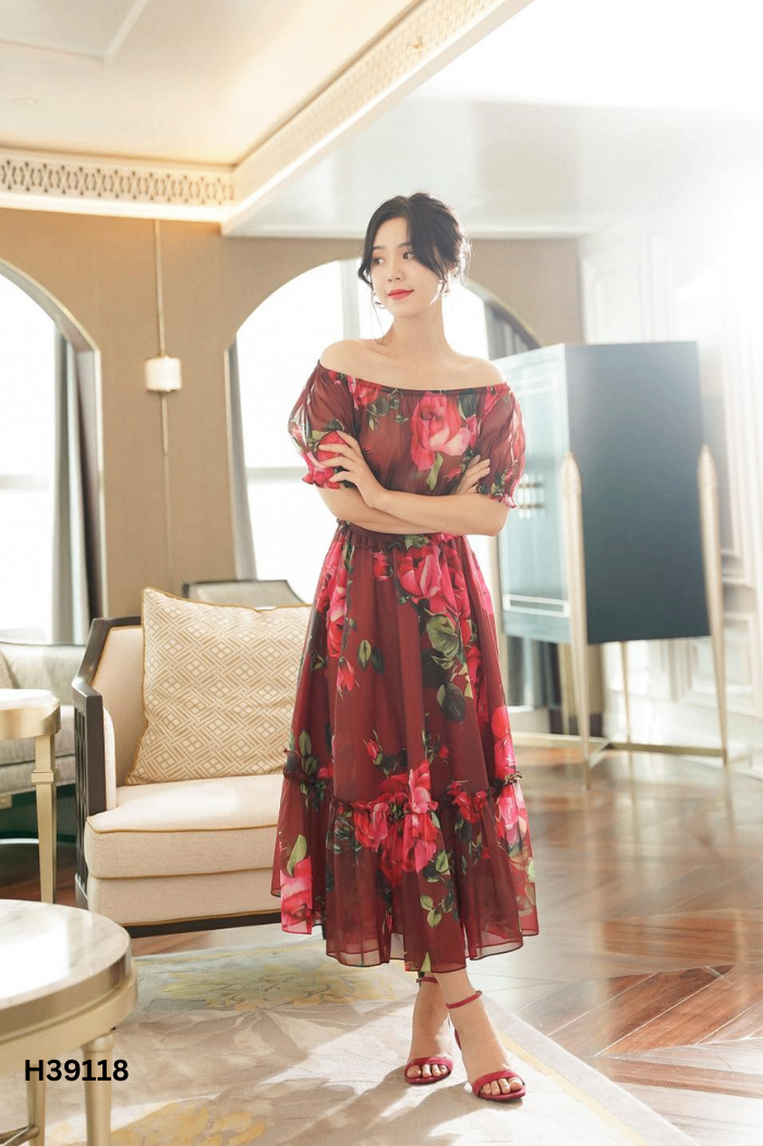 Váy đỏ hoa SIXDO eo chun