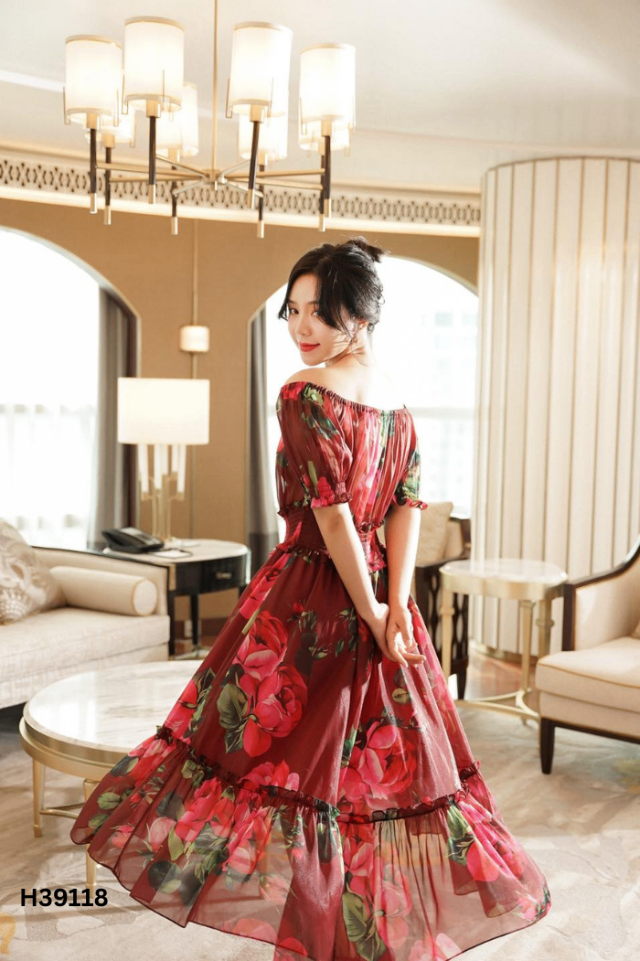 Váy đỏ hoa SIXDO eo chun