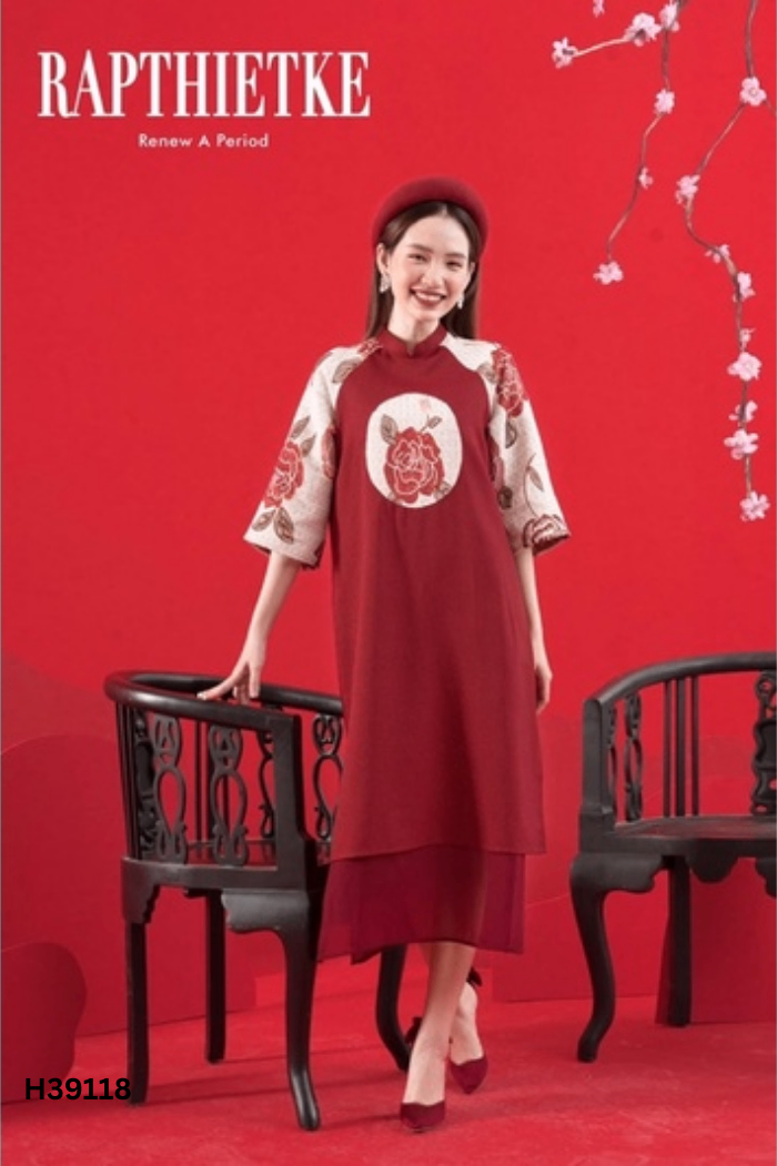 Áo dài đỏ RAPTHIETKE phối tay be