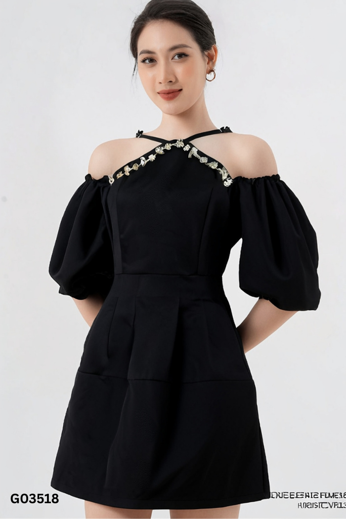 Váy taffta đen viền đá