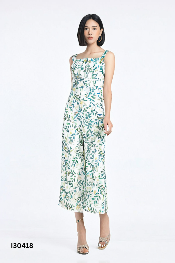 Jumpsuit GERME trắng họa tiết lá xanh