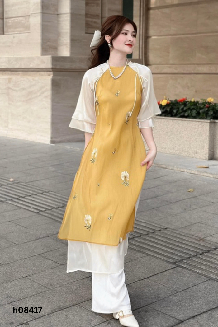SET Áo dài vàng + quần lụa xanh