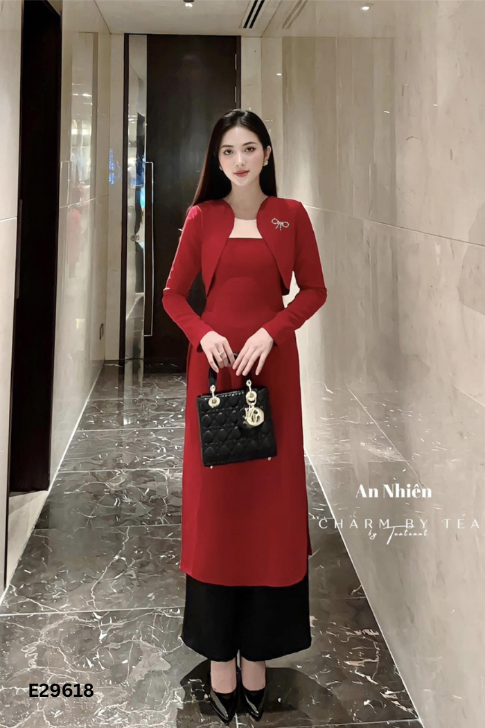 Set 3 Áo dài CHARM BY TEA đỏ kèm áo + quần đen