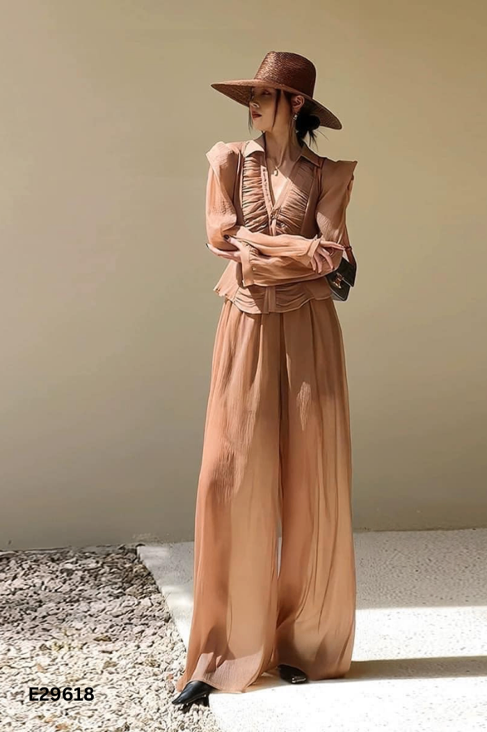 NEWTAG SET Áo tơ nâu viền bèo + chân váy (KÈM LÓT)