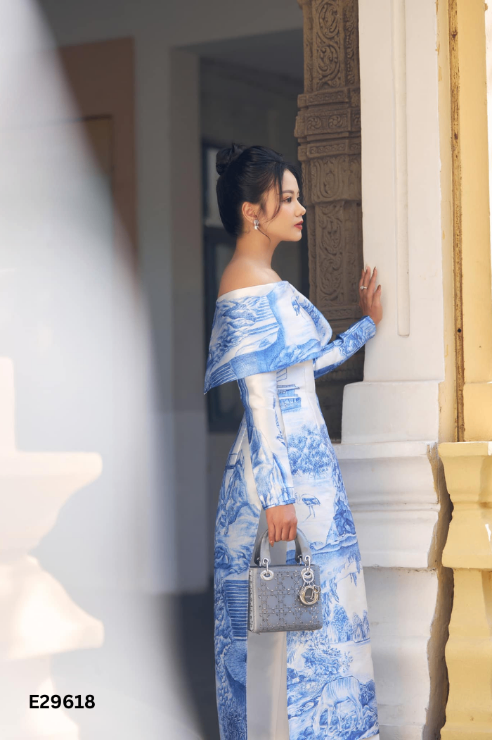 NEWTAG Set Áo dài trắng ME DESIGN họa tiết xanh + quần trắng