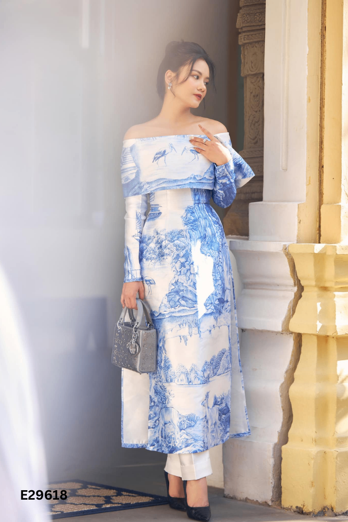 NEWTAG Set Áo dài trắng ME DESIGN họa tiết xanh + quần trắng