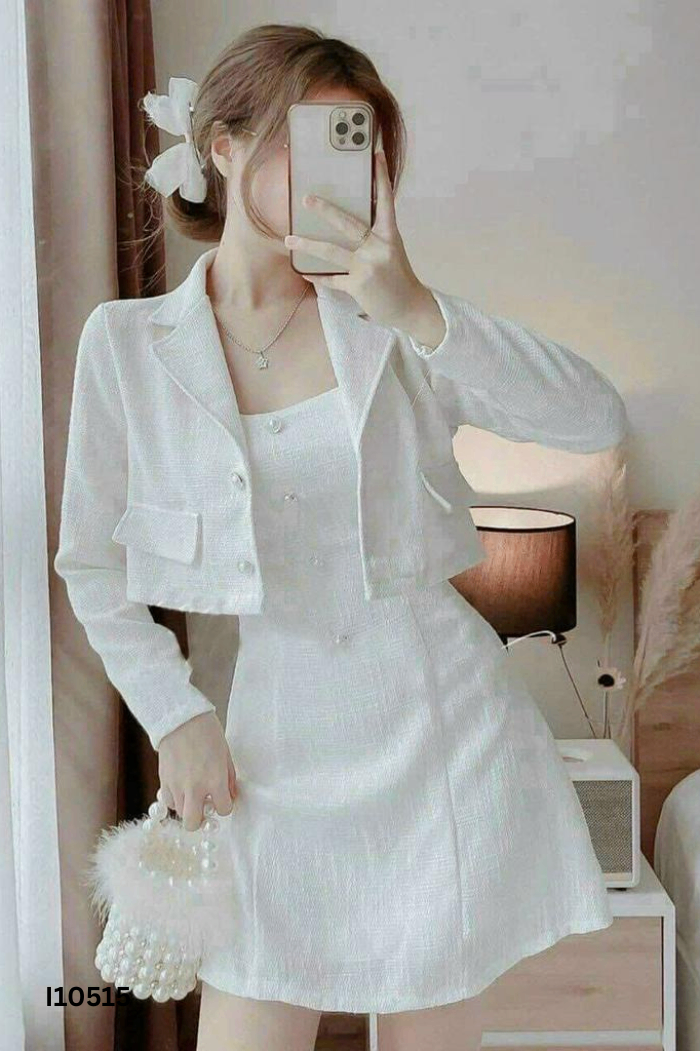 SET Áo dạ tweed trắng + váy trắng hai dây