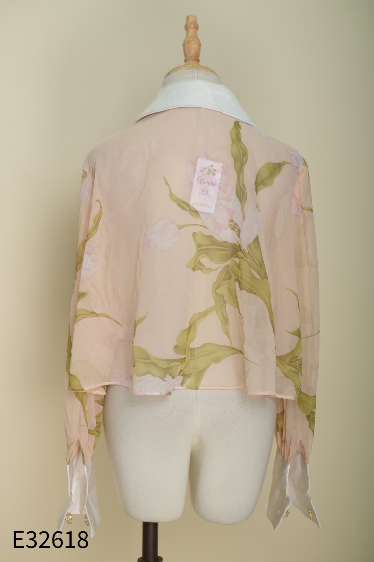 Áo sơ mi chiffon hồng cổ trắng