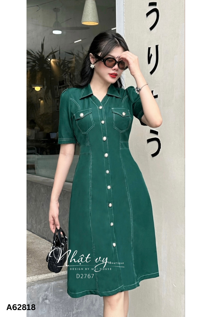 Váy sơ mi NHẬT VY xanh chỉ trắng