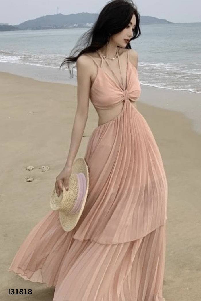 Váy maxi 2s hồng dập ly