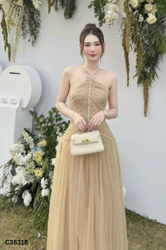 Váy tiệc lưới nâu sọc đá