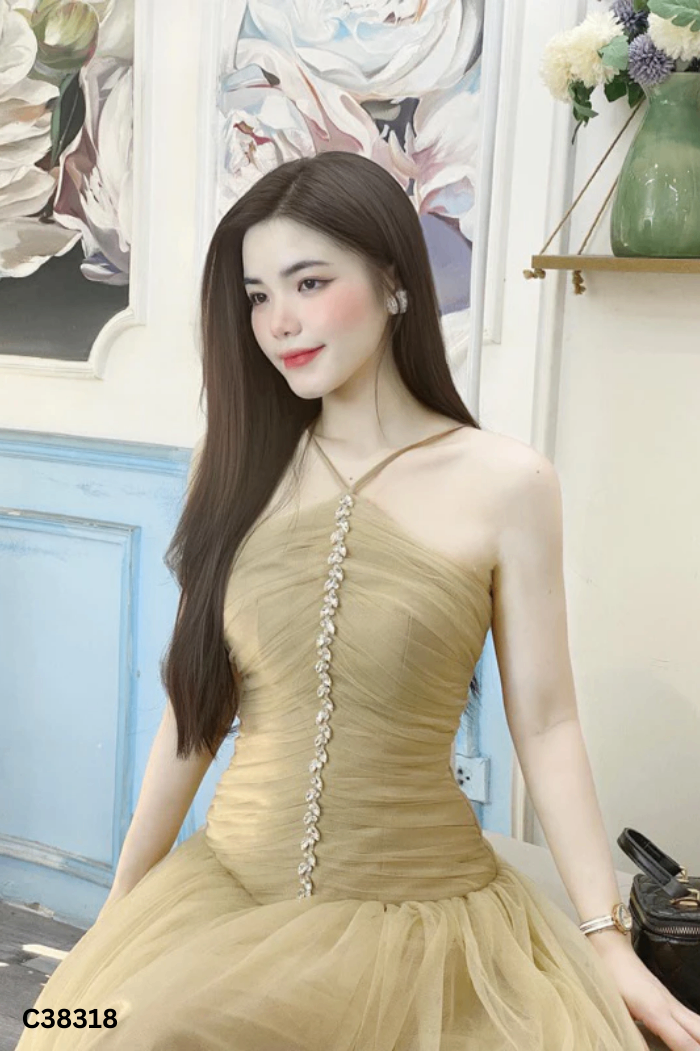 Váy tiệc lưới nâu sọc đá
