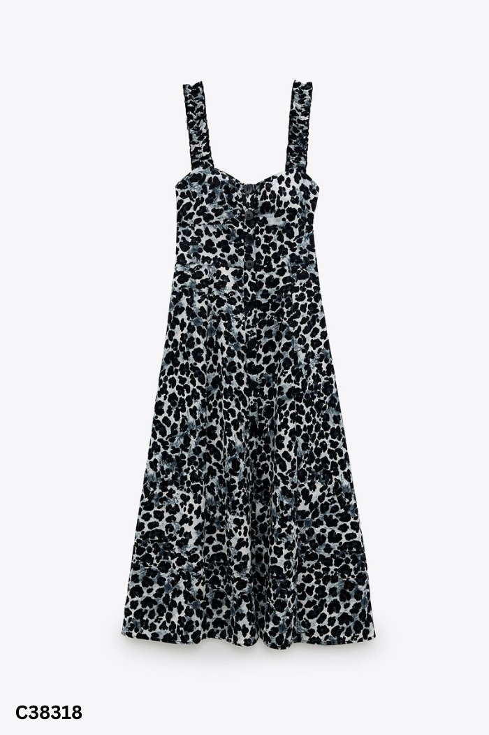 Váy ZARA họa tiết đen trắng xanh