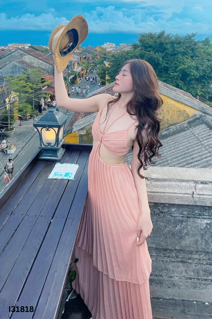 Váy maxi 2s hồng dập ly