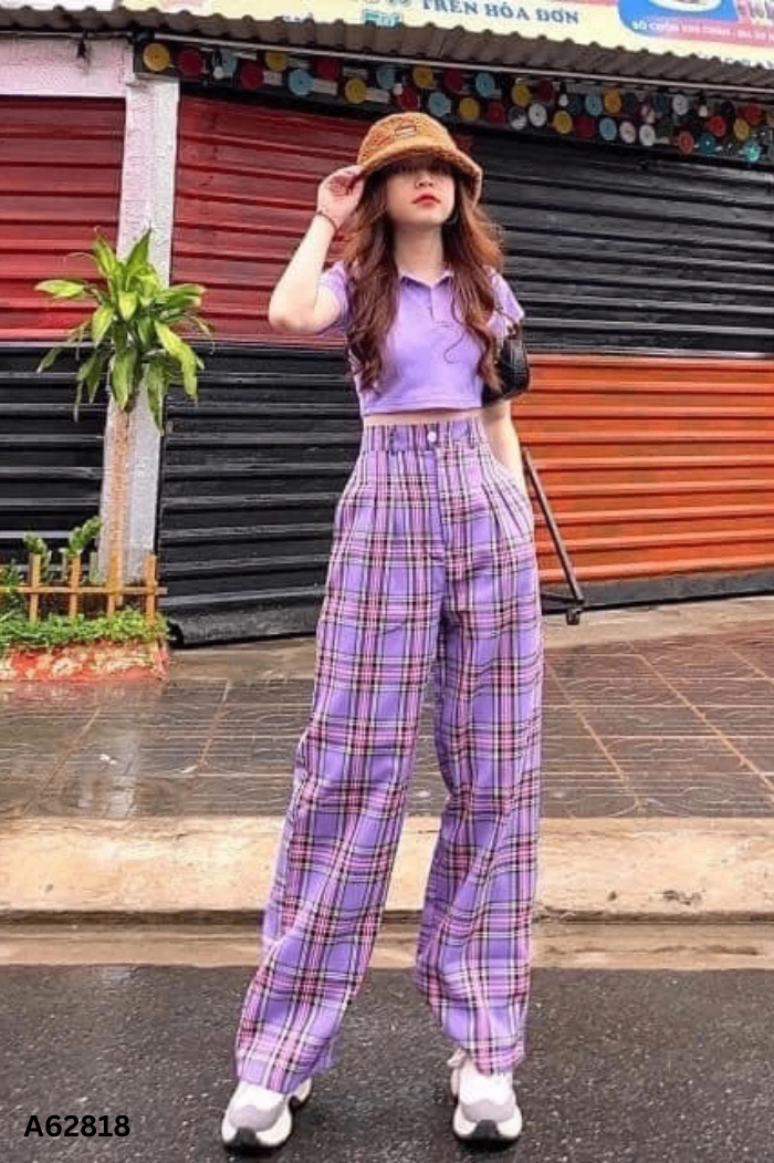 Quần vải tím kẻ caro