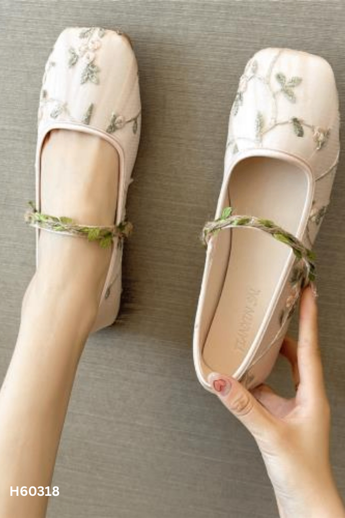 Giày búp bê hồng lưới hoa xanh