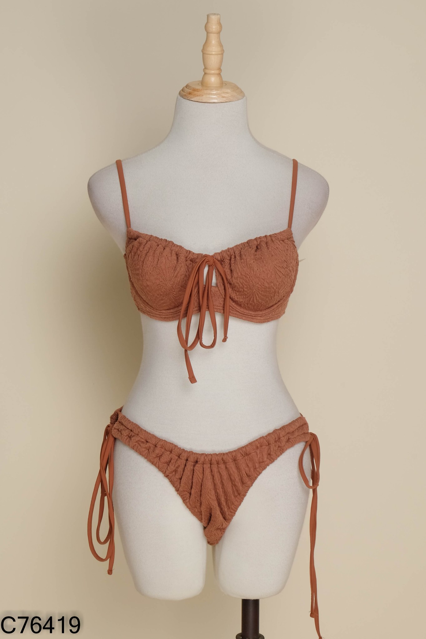SET Bikini nâu trơn phối dây