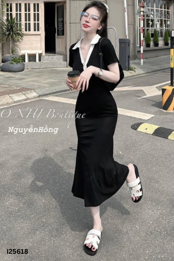 Váy thun đen cổ trắng