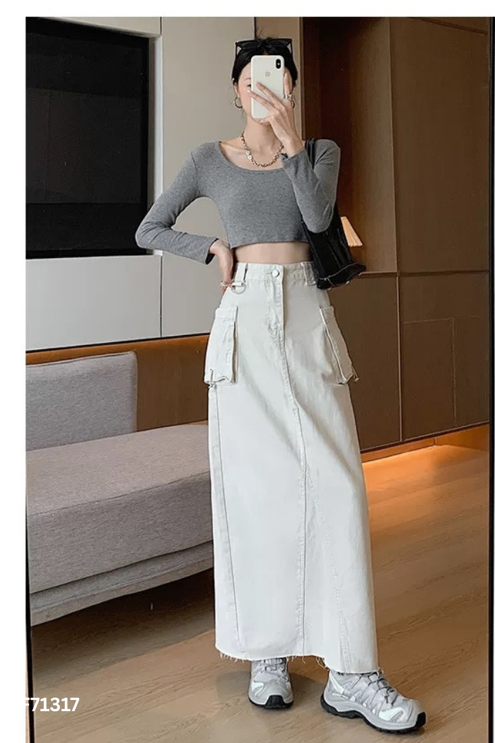 Chân váy jeans be túi hộp
