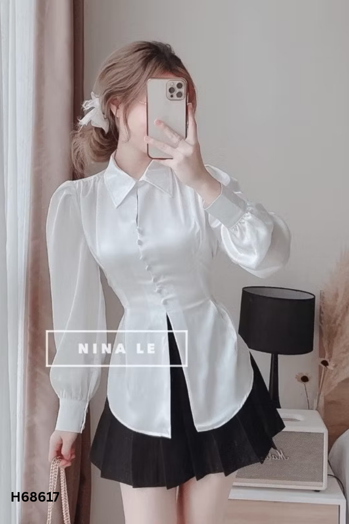 Áo LAMIGO lụa trắng cúc ngọc