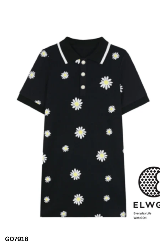 NEWTAG Váy polo đen họa tiết hoa cúc