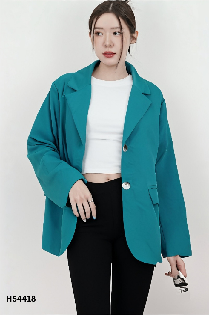 Blazer xanh trơn phối khuy