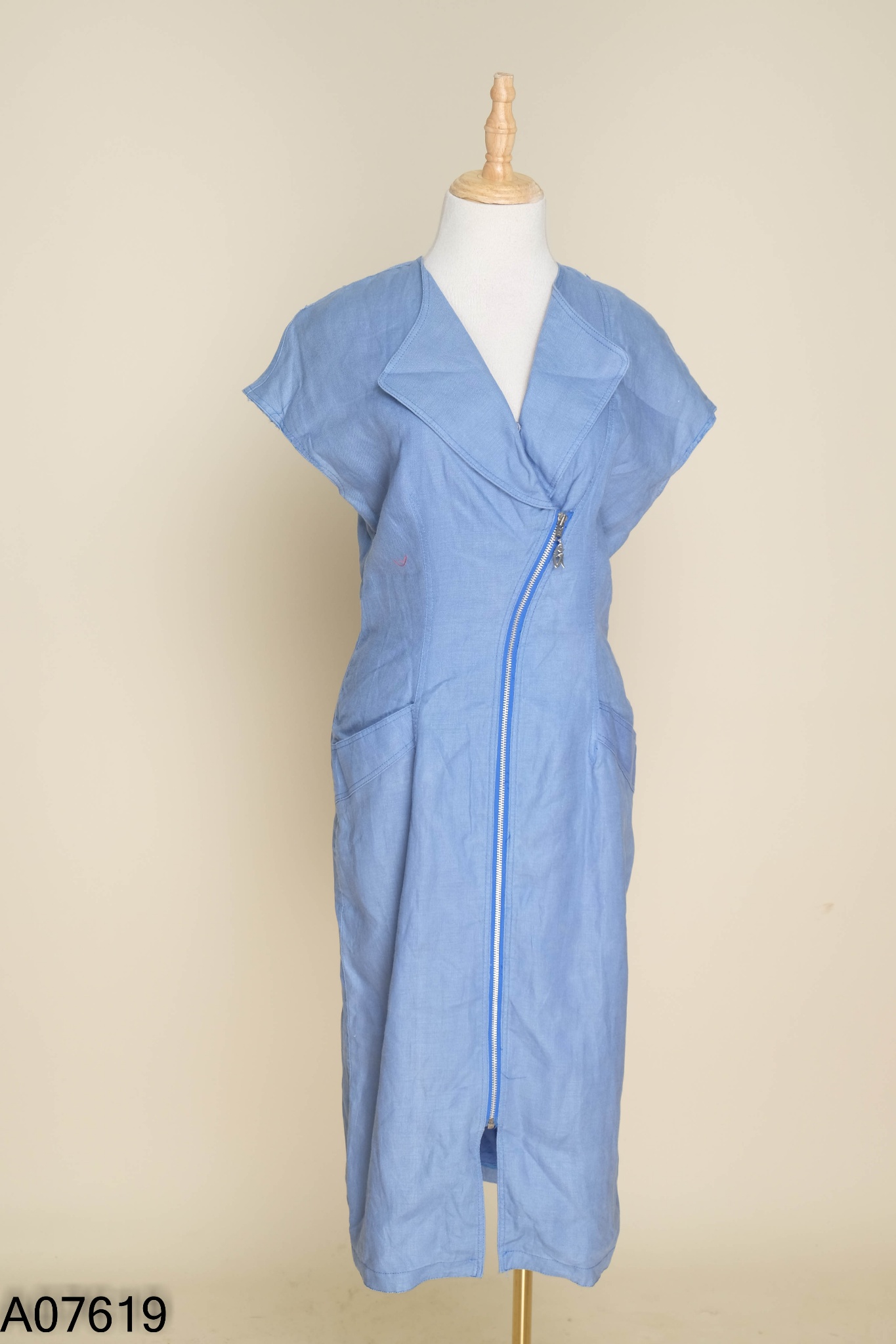 Váy linen xanh dương phối khoá