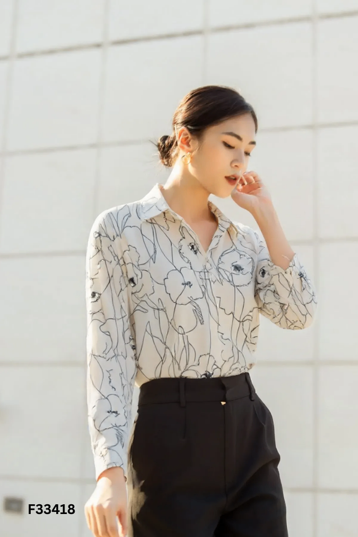 Áo sơ mi be họa tiết đen