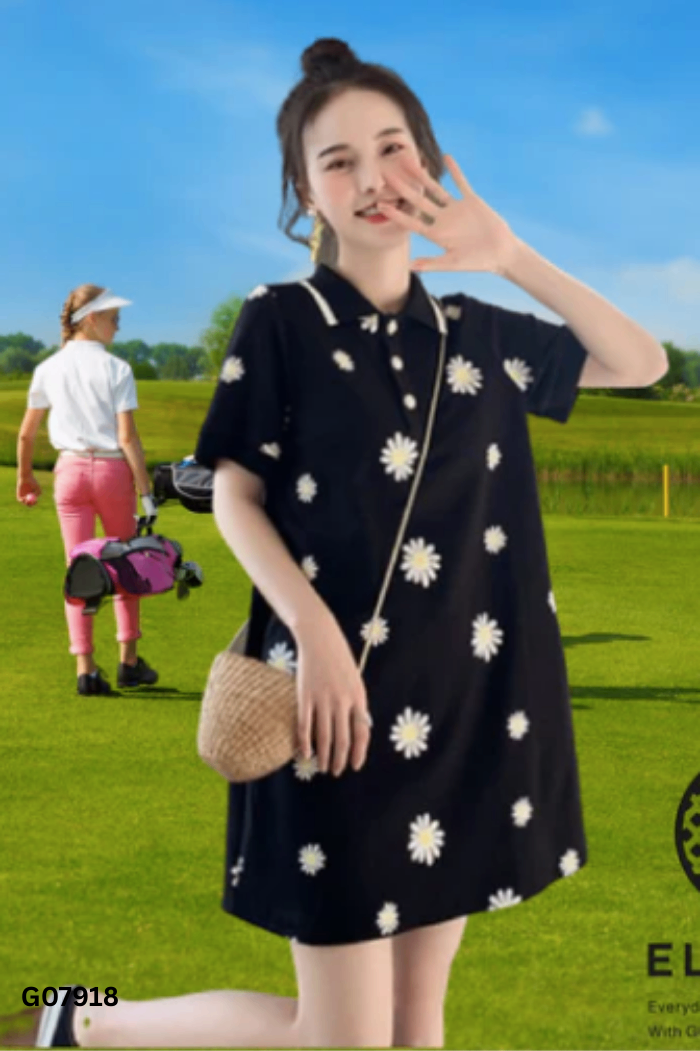 NEWTAG Váy polo đen họa tiết hoa cúc