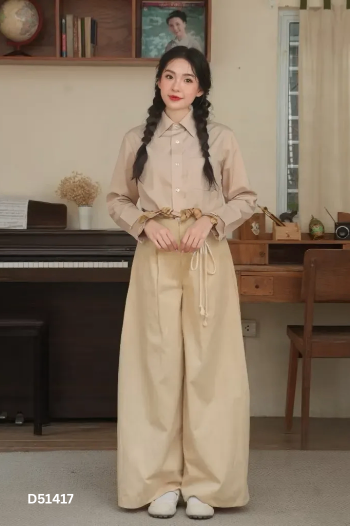 Áo sơ mi be phối nơ