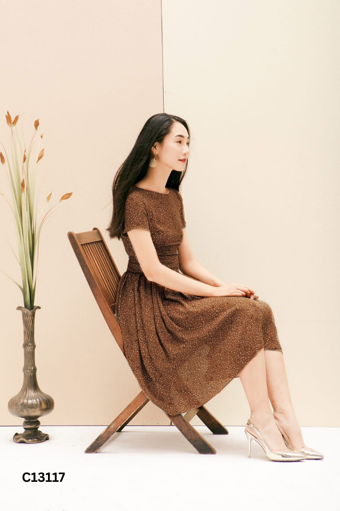 Váy MAGONN nâu họa tiết xanh