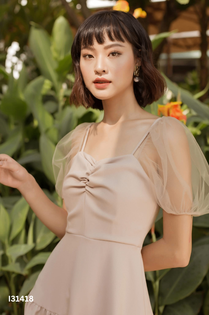 Váy EDINI be nâu phối tay lưới
