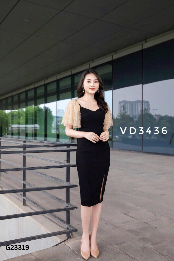 Váy đen phối tay lưới be
