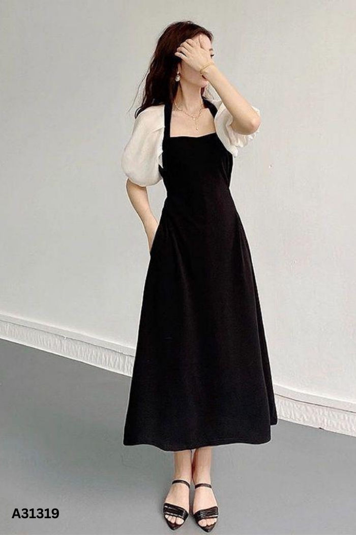 Váy đen phối tay be phồng