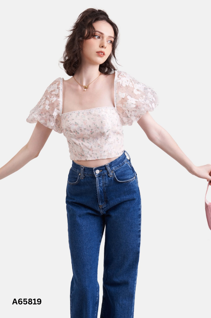 NEWTAG Áo hồng hoa MARC tay phồng