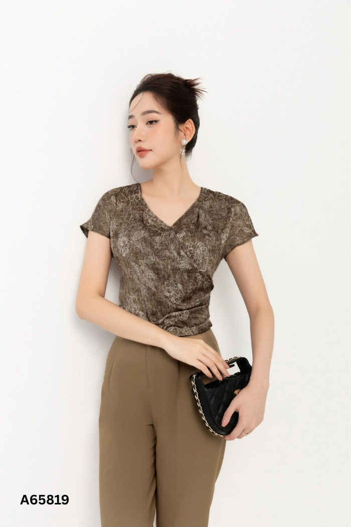 NEWTAG Áo nâu NEM họa tiết cổ V