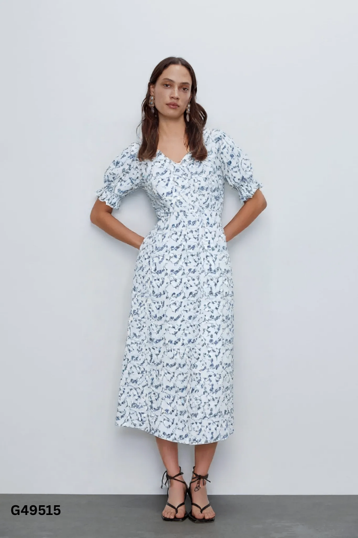 Váy trắng họa tiết xanh dúm ngực (ZARA xuất)