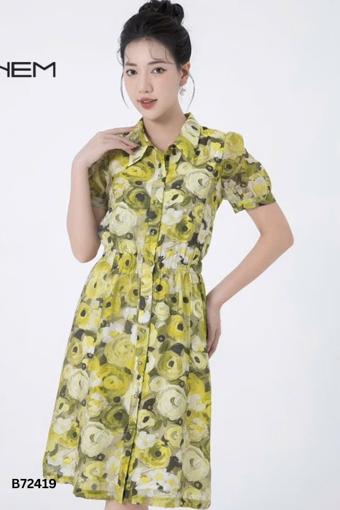 Váy xanh hoa NEM cổ sơ mi