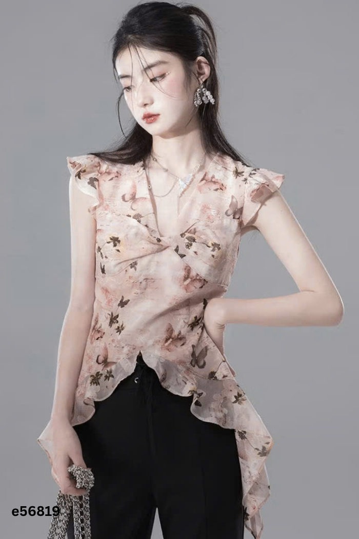 NEWTAG Áo voan hồng hoạ tiết hoa