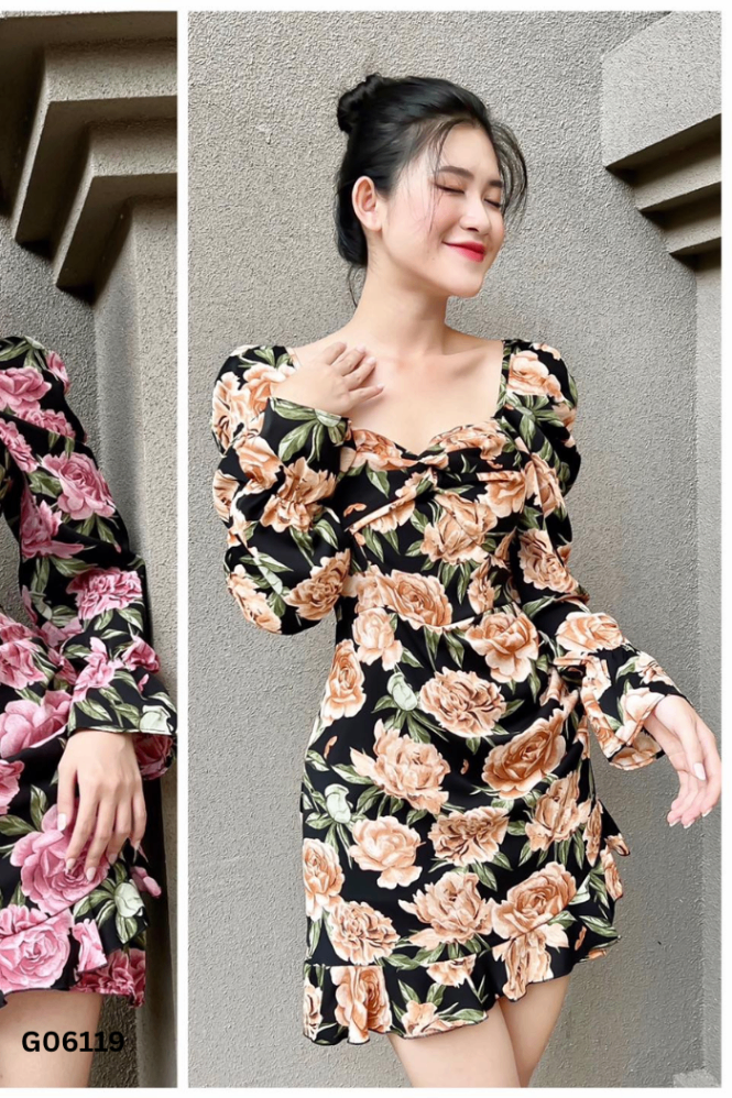 Váy quây đen hoạ tiết hoa nâu