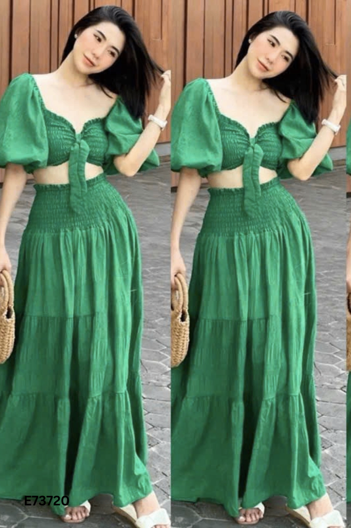 SET Áo xanh lá tay phồng + chân váy dài