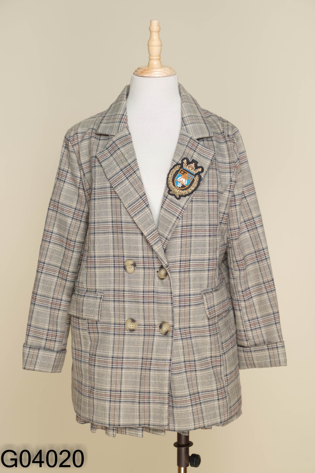Set be kẻ caro đen áo blazer + chân váy