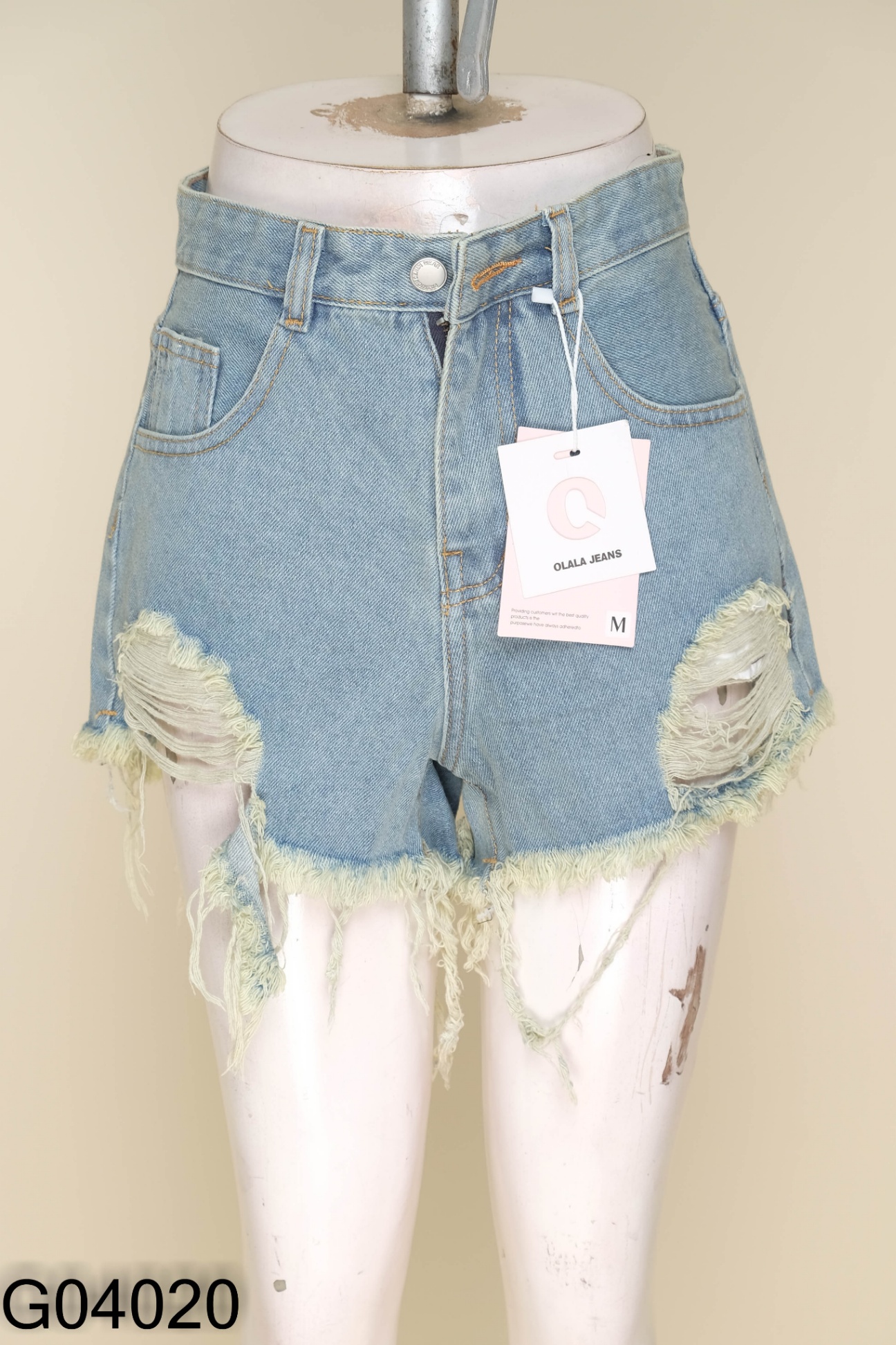 NEWTAG Quần shorts jeans xanh tua rua