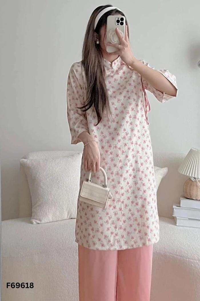 SET Áo dài nhung tăm be hoa + quần lụa hồng