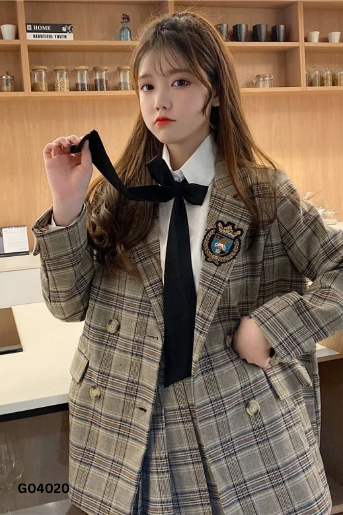 Set be kẻ caro đen áo blazer + chân váy