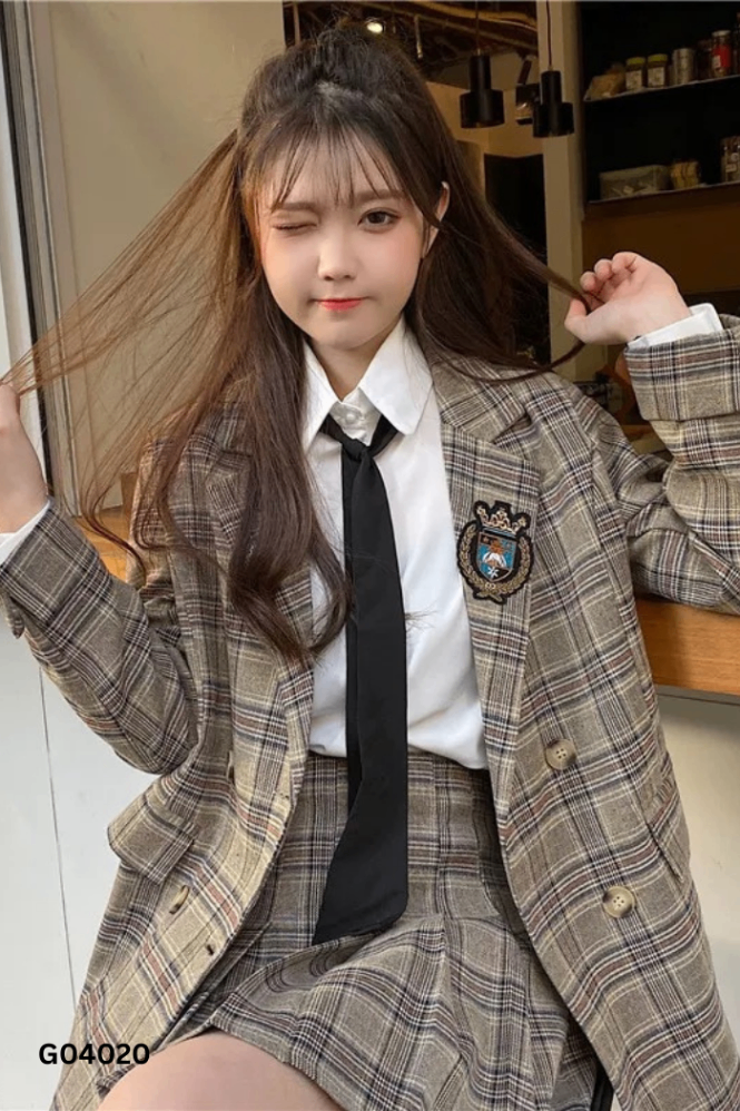 Set be kẻ caro đen áo blazer + chân váy