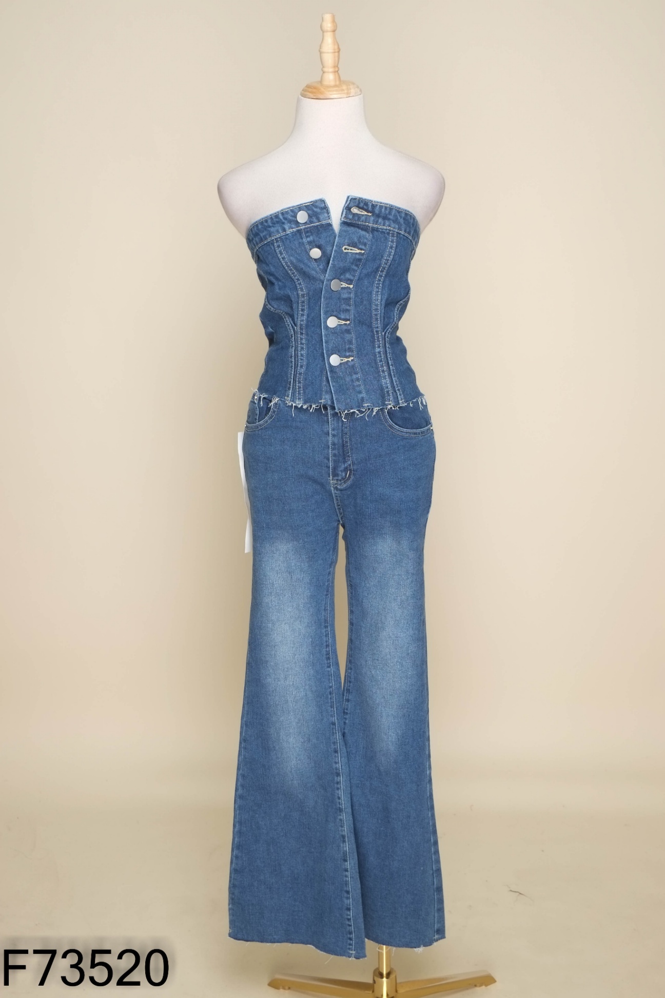 NEWTAG Set Áo cúp ngực jeans xanh + quần loe