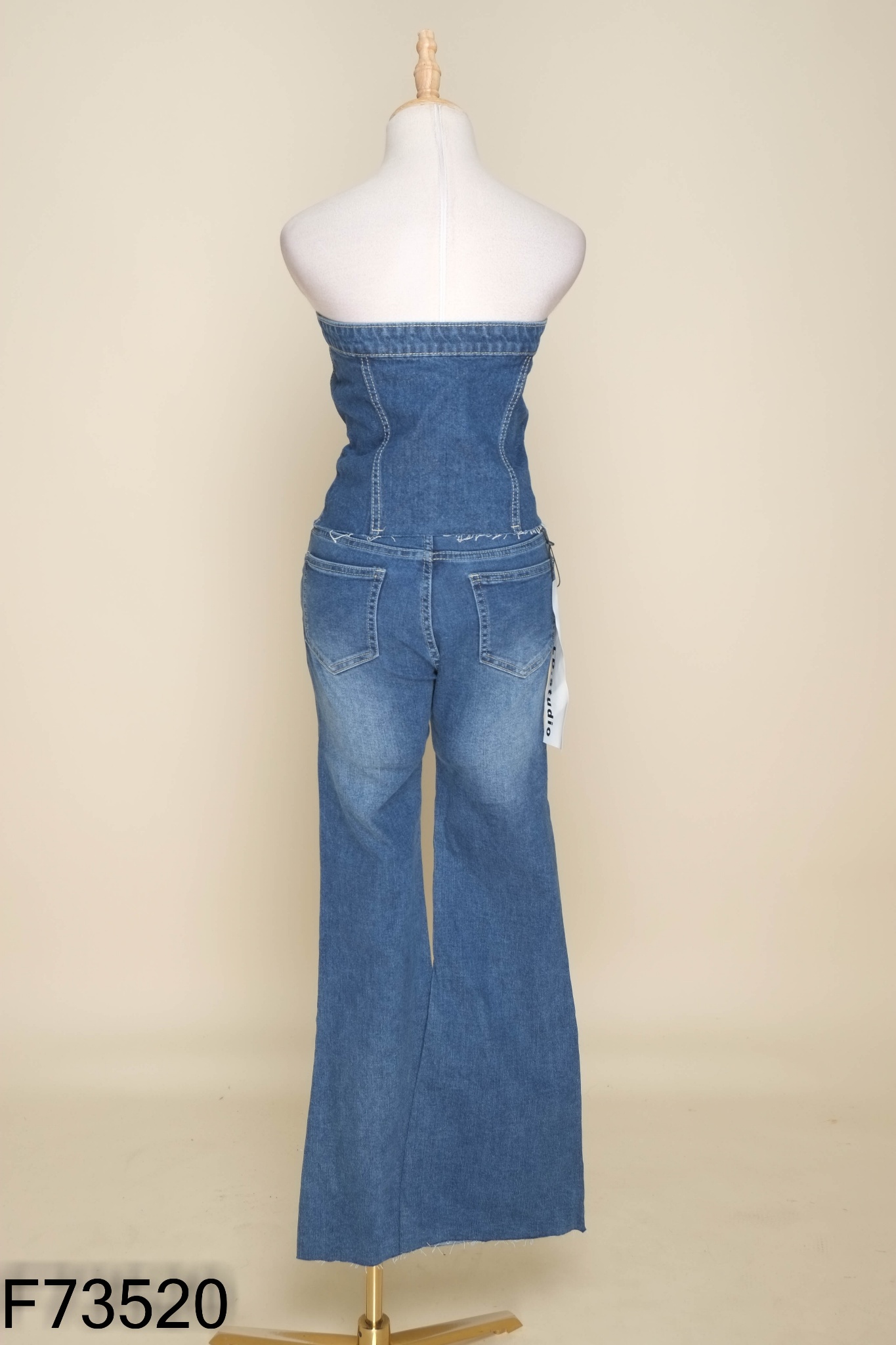 NEWTAG Set Áo cúp ngực jeans xanh + quần loe