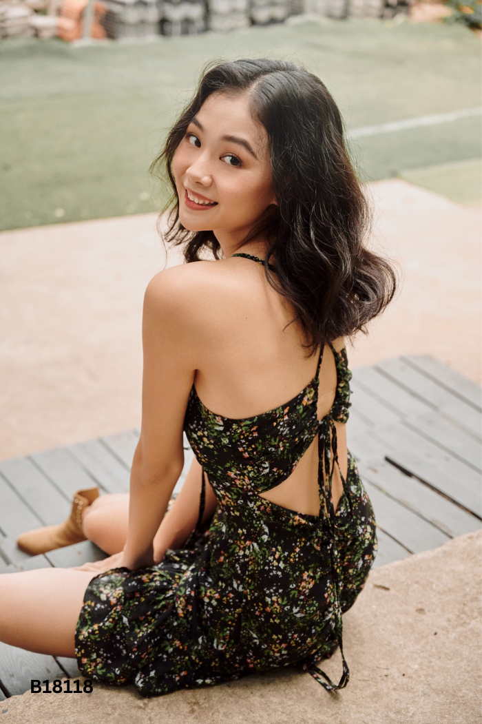 Váy DOTTIE đen họa tiết xanh